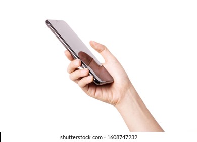 Woman Hand Hold(grip, Touch) A Smart Phone Isolated White.