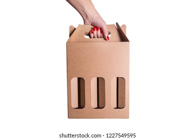 Woman Hand Holdind Beer Or Vine Cardboard Box