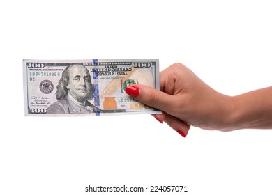 Woman Hand Holding 100 Dollar Bill Isolated On White Background