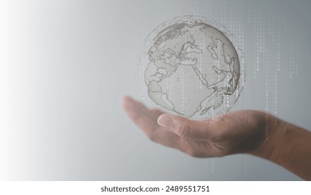 Woman Hand Holding AI Digital Earth Hologram with Binary Code Background, Symbolizing Global Connectivity, Environmental, Technology, and Innovation intelligence in the Modern World.