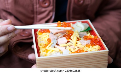 Woman Hand Holding Bento Japanese Style Rice Lunch Box And Eating On The High Speed Train, Eat Food On Rush Hour Between Travel Concept.