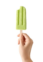 Woman Hand Holding Bitten Green Fruit Popsicle Isolated On White Background. Apple, Lime And Pear Flavor