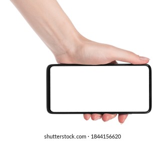 Woman hand holding the black new smartphone with blank screen isolated white background. hands using phone clipping path - Shutterstock ID 1844156620