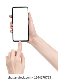 Woman hand holding the black new smartphone with blank screen isolated white background. hands using phone clipping path - Shutterstock ID 1844178733