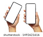 Woman hand holding the black smartphone with blank screen and modern frameless design two positions angled and vertical - isolated on white background