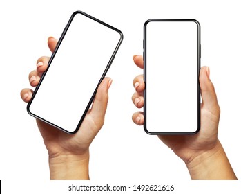Женская рука держит черный смартфон с пустым экраном и современным безрамочным дизайном, двумя положениями, расположенными под углом и вертикально - изолированы на белом фоне