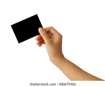 Woman Hand Holding Blank Black Paper Card Isolated On White Background