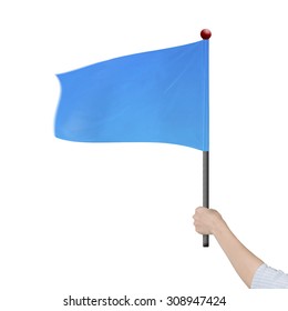 Woman Hand Holding Blank Blue Flag, Isolated On White Background.