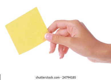 Woman hand holding blank notepaper on pure white background.