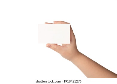 Woman Hand Holding Blank White Card Isolated On White Background.