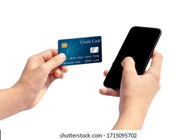 Woman hand holding blue credit card and using smart phone isolated on white background, front side view. Blue bank-card design mock up. mobile payment ,online shopping concept - Shutterstock ID 1715095702