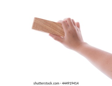 Woman hand holding board eraser isolated on white background.