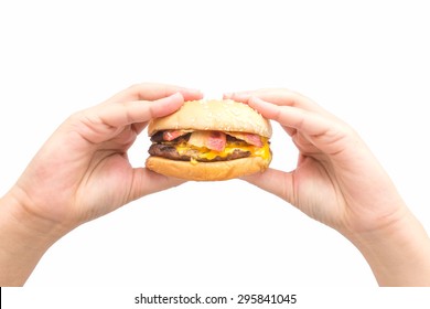 Woman Hand Holding Burger With Isolated Background.