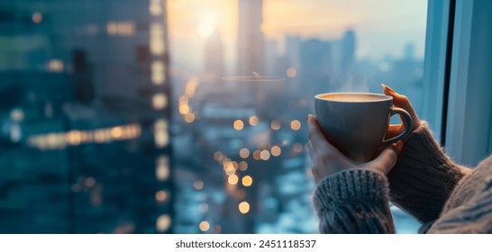 Woman hand holding coffee cup against city view at dawn sunrise on the high-rise building office - Powered by Shutterstock