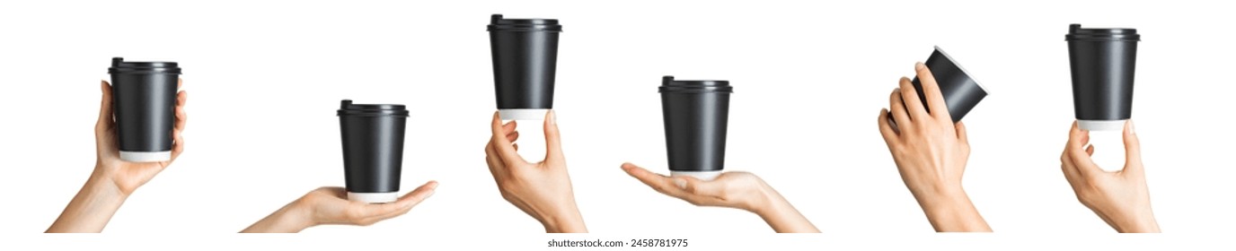 Woman hand holding coffee paper drinking cup with disposable top cap on white background. Isolated with clipping path.