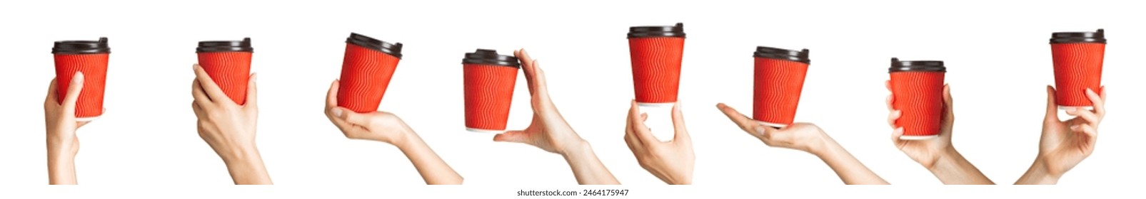 Woman hand holding coffee paper drinking cup with disposable top cap on white background. Isolated with clipping path.