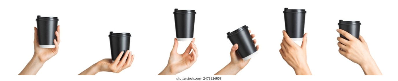 Woman hand holding coffee paper drinking cup with disposable top cap on white background. Isolated with clipping path. - Powered by Shutterstock