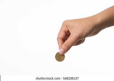 Woman Hand Holding Coin To Collecting.