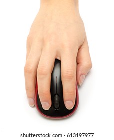 Woman Hand Holding Computer Mouse. Isolated On White Background