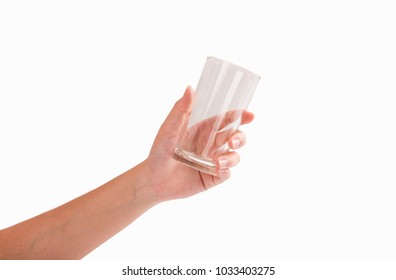 Woman Hand Holding Empty Glass On White Background.