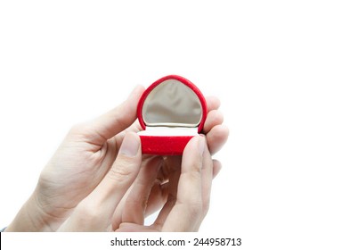 Woman Hand Holding Empty Ring Box On White Background