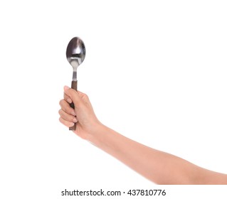 Woman Hand Holding An Empty Spoon, Composition Isolated Over On The White Background With Clipping Path