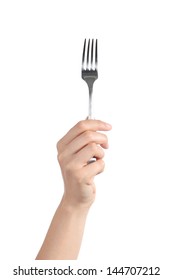 Woman Hand Holding Up A Fork Isolated On A White Background