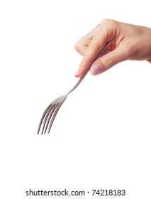 Woman Hand Holding A Fork On White Background