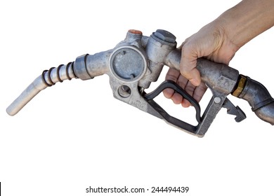 Woman Hand Holding Gas Station Pump On A White Background. 