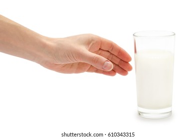 Woman Hand Holding Glass Of Milk. Isolated On White Background