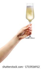 Woman Hand Holding Glass Of Sparkling Champagne Isolated On White Background.