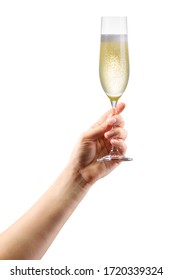 Woman Hand Holding Glass Of Sparkling Champagne Isolated On White Background.