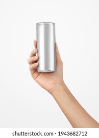 Woman hand holding glossy blank label soda packaging can on isolated background