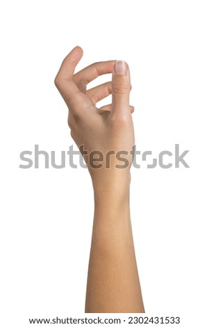 Woman hand holding grabbing or measuring something isolated on white background, with clipping path.  Five fingers. Full Depth of field.  商業照片 © 