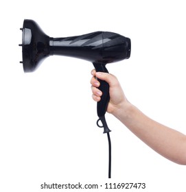 Woman Hand Holding A Hair Dryer Isolated On White Background