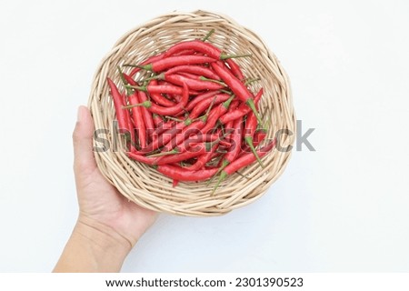 woman hand holding  a heap of fresh bunch ripe red hot chili peppers in a bamboo basket isolate on a white background. food concept herbs vegetables healthy