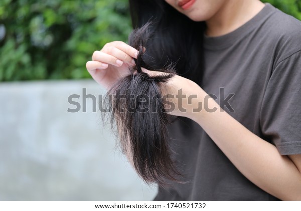 Woman hand holding her long hair\
with looking at damaged splitting ends of hair care\
problems