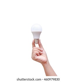 Woman Hand Holding LED Bulb Isolated On White Background