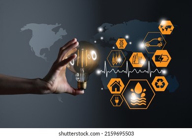 Woman Hand Holding Light Bulb With Icons Energy Sources For Renewable, Sustainable Development, Save Energy. Ecology Concept. 