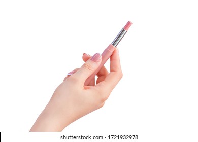 woman hand holding lipstick isolated on white background 
