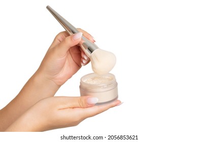 Woman Hand Holding Loose Mineral Powder On A White Background. Isolated Background