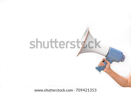 woman hand is holding megaphone on white background,announcement concept in business topic,selective focus,copy space
