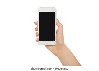 Woman Hand Holding Mobile Phone Isolated On White Background, Close-up, Cutout, Copy Space On The Screen