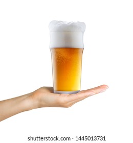 Woman Hand Holding Mug Of Beer With Foam On White Background. Isolated With Clipping Path.