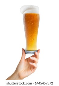 Woman Hand Holding Mug Of Beer With Foam On White Background. Isolated With Clipping Path.