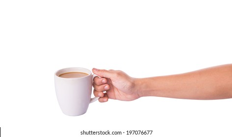 Woman Hand Holding A Mug Of Coffee With Creamer Over White Background