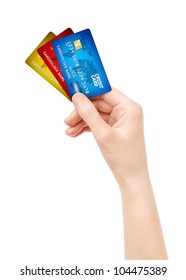 Woman Hand Holding Pack Of Plastic Credit Card. Isolated On White.