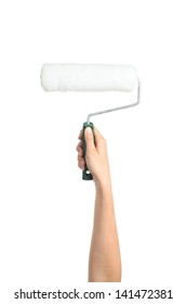 Woman Hand Holding A Paint Roller Isolated On A White Background