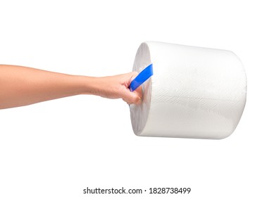 Woman Hand Holding Paper Towel Roll, Isolated  