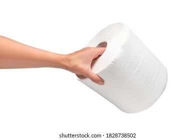 Woman Hand Holding Paper Towel Roll, Isolated  